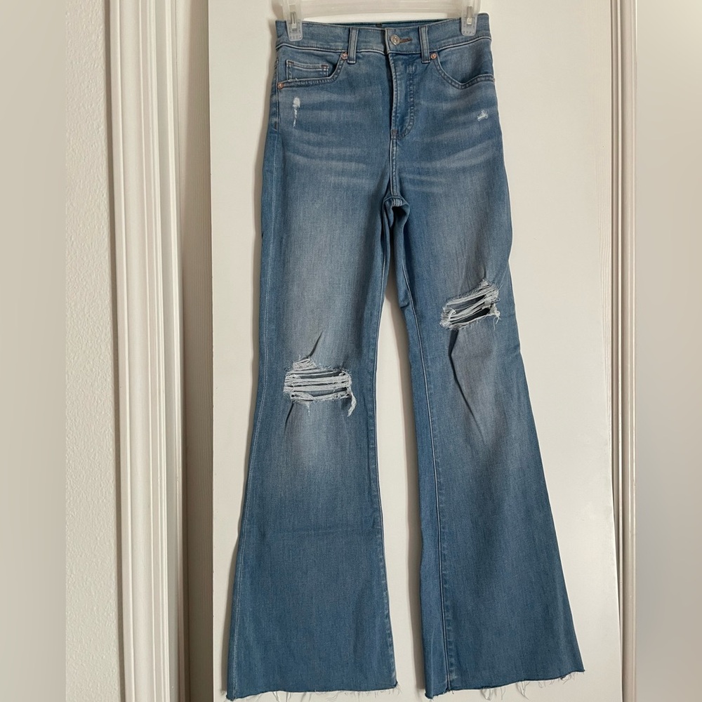 EXPRESS Distressed High Rise Boot Cut Flare Stretch Denim Jeans Pants Raw hem